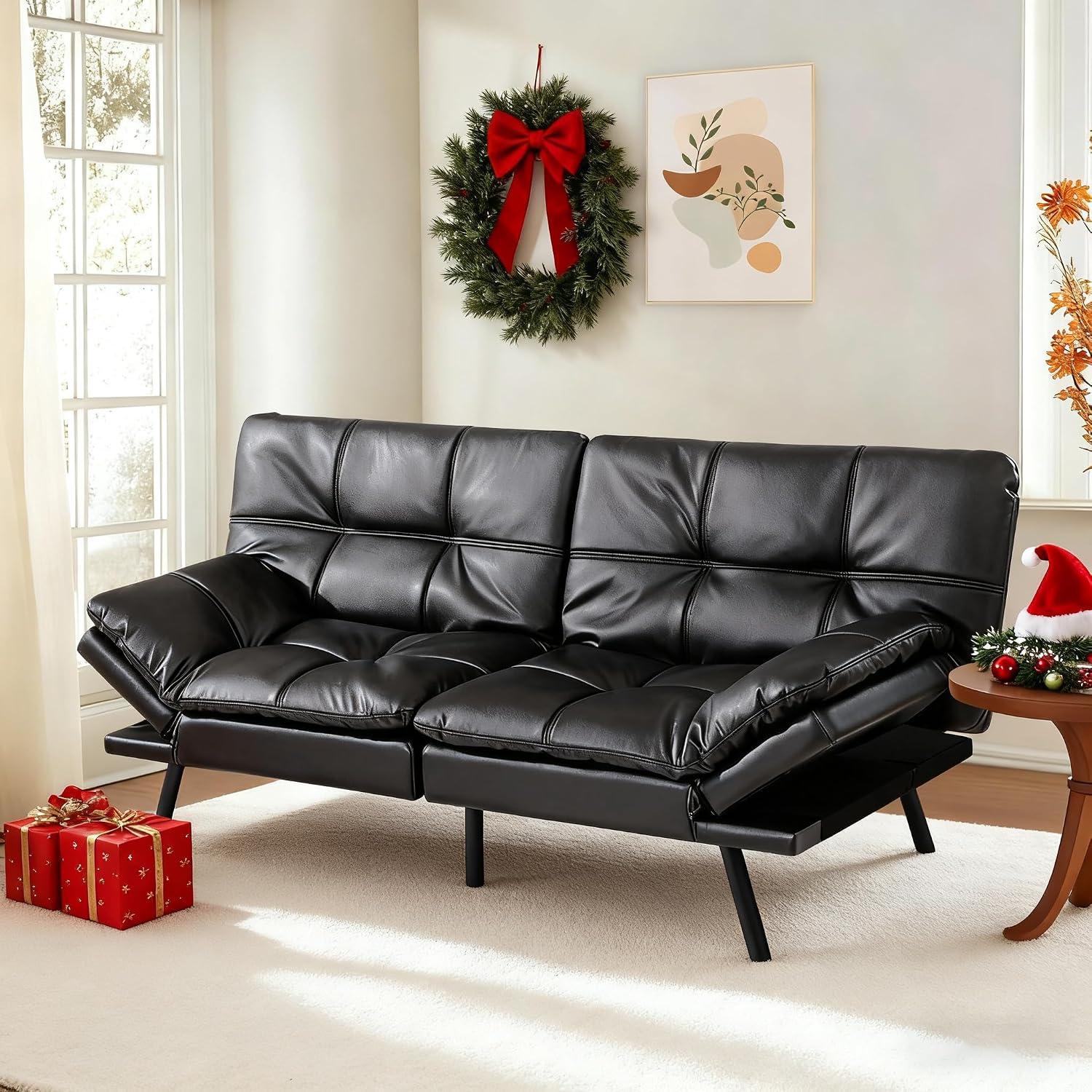 MUUEGM Convertible Memory Foam Sofa Bed with Adjustable Backrest & Armrest, Modern Futon Couch for Living Room, Office, Apartment, Space-Saving Design, Easy Assembly,Black