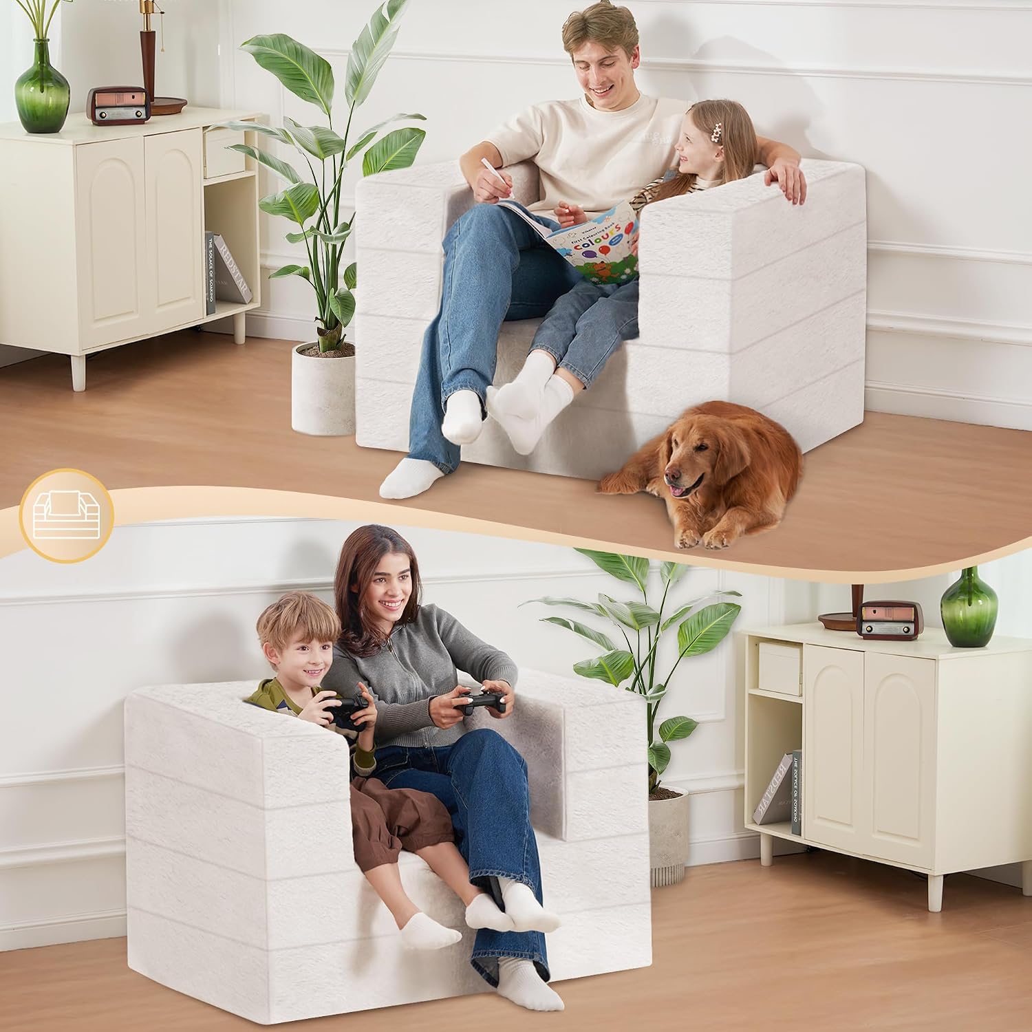 Futon Sofa Bed with Pillow, 3-in-1 Sleeper Sofa Bed with Removable Cover, Convertible Floor Sofa Bed, No Assembly Boneless Couch for Living Room, Bedroom
