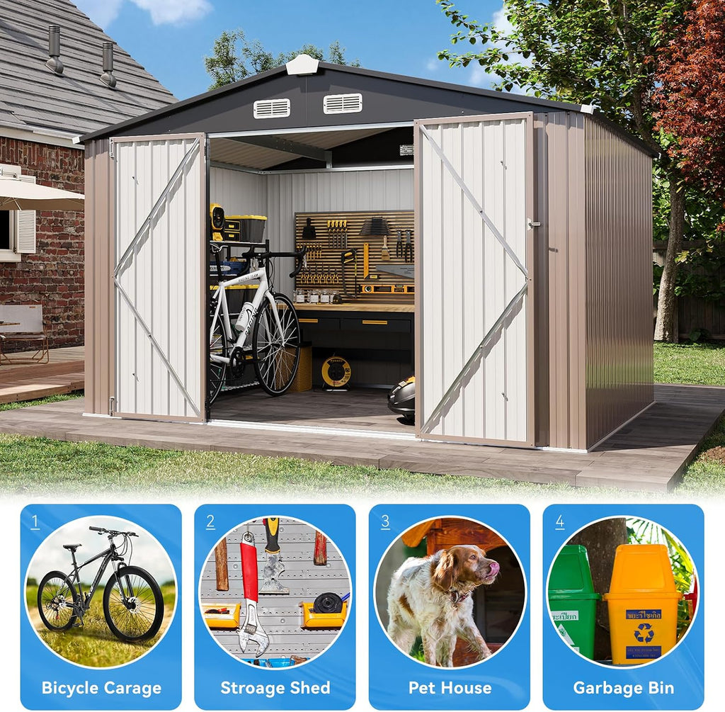 Aoxun 8x6 FT Outdoor Storage Shed - Metal Shed with Lockable Doors & Air Vents, Waterproof Outside Storage Shed for Tool, Garbage Can, Bike, Mower, for Backyard Garden Patio, Brown