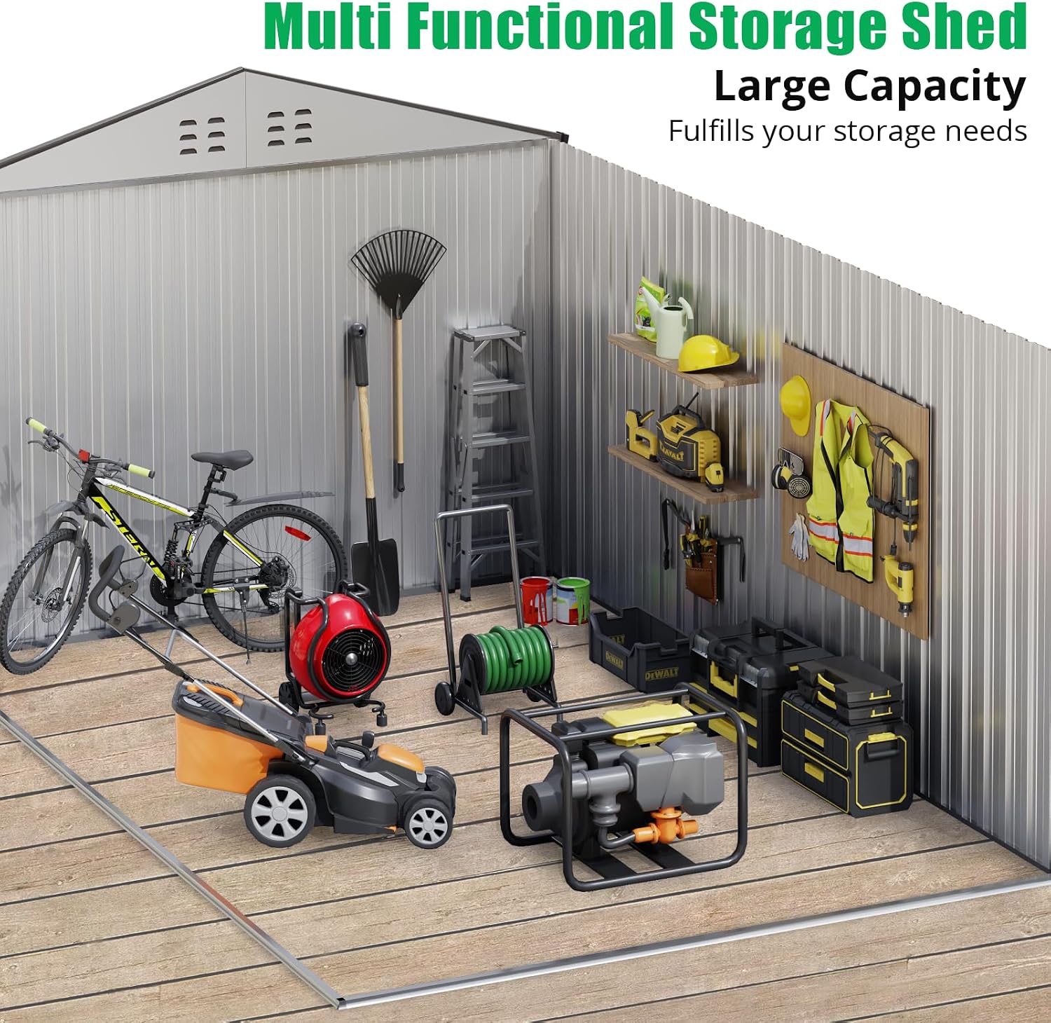 8x12 ft Outdoor Metal Storage Shed with Lockable Sliding Door & Sloping Roof, Galvanized Steel Frame Waterproof Garden Tool Shed for Backyard, Garden, Lawn - Ventilated Backyard Metal Sheds, Gray