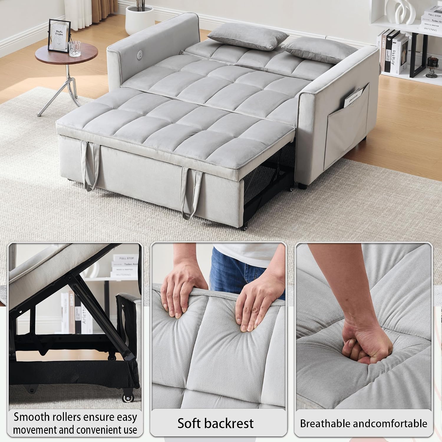 Velvet 3-in-1 Convertible Sofa Bed - USB Charging Port, Adjustable Backrest Loveseat Sleeper for Small Space Apartment, Versatile Futon Pull Out Couch for Living Room,Gray