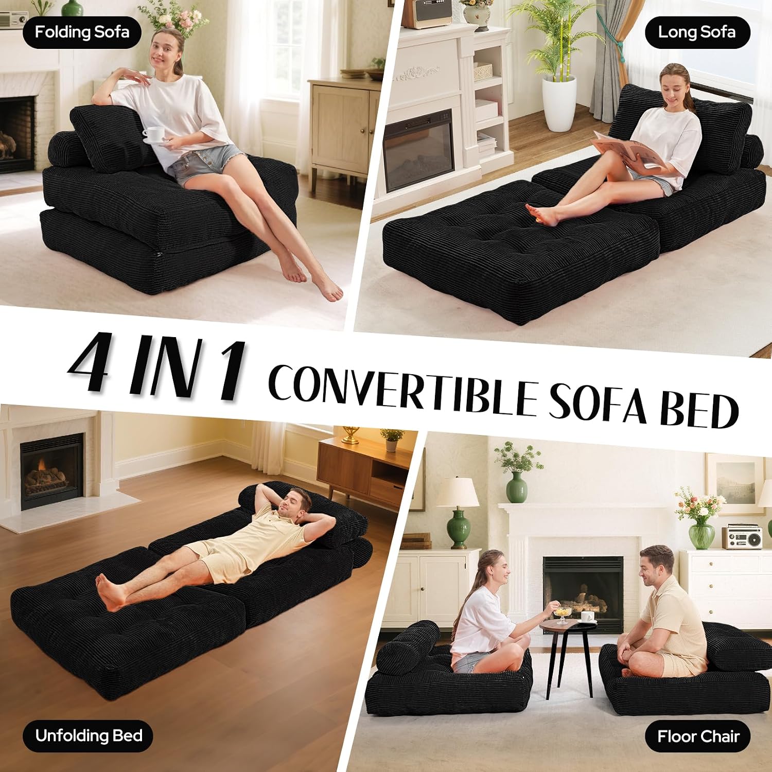 HABUTWAY Folding Sofa Bed, Convertible Sleeper Chair Bed w/Dual-Pillow & Handle, Foldable Floor Sofa Lounge w/Back Support for Living Room, Bedroom, Apartment, Office, Single, Black