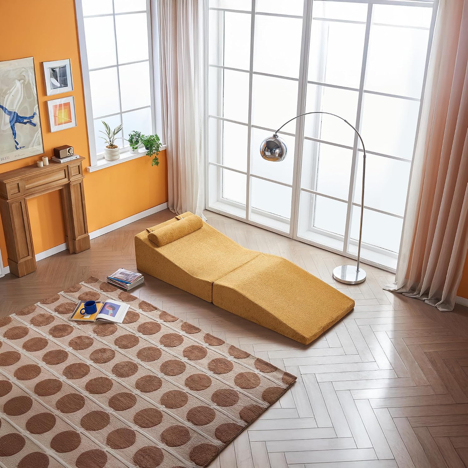 GDFStudio Rue Velvet Foldable Sofa Bed, Convertible Sleeper Chair with Pillow, Foldable Mattress with Back Support, Portable Lounge Sofa for Living Room/Bedroom, No Assembly Needed, Mustard Yellow