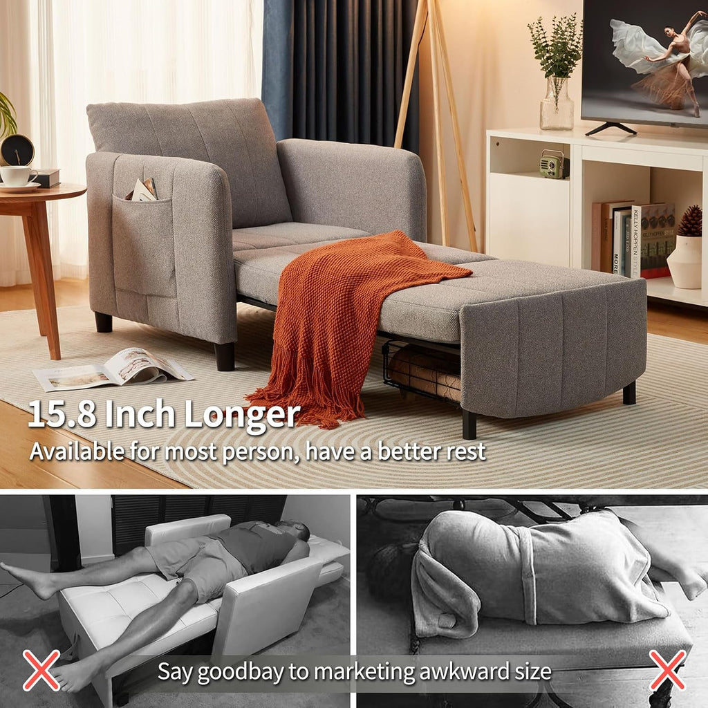 ZZW Sleeper Chair, 84' Extra Long Convertible Chair Bed, Upgraded 3-in-1 to 4-in-1 Pull Out Chair & Single Sofa Bed for Adult, Sleeping Chair for Living Room, Small Space (Light Grey)