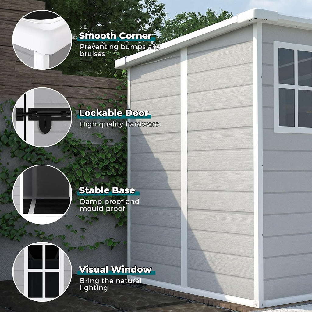 YOPTO 6x6 FT Resin Outdoor Storage Shed with Floor, All-Weather Plastic Shed with Lockable Doors, Window & Vents, Utility Plastic Tool Shed Storage House for Backyard, Patio, Light Grey