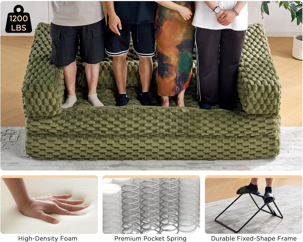 VanAcc Futon Sofa Bed, Convertible Futon Couch with Plush Faux Fur, No Assembly Mattress Futon Sofa for Living Room, Apartment, Bedroom, Green