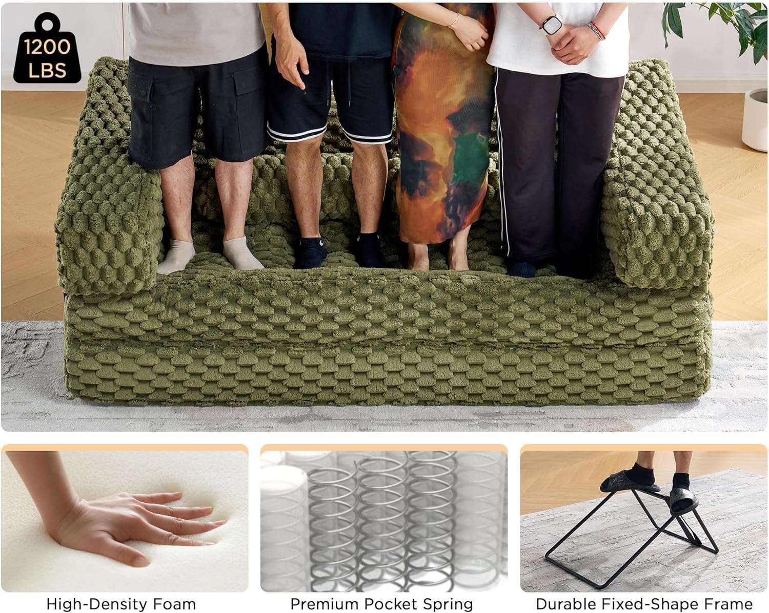 VanAcc Futon Sofa Bed, Convertible Futon Couch with Plush Faux Fur, No Assembly Mattress Futon Sofa for Living Room, Apartment, Bedroom, Green