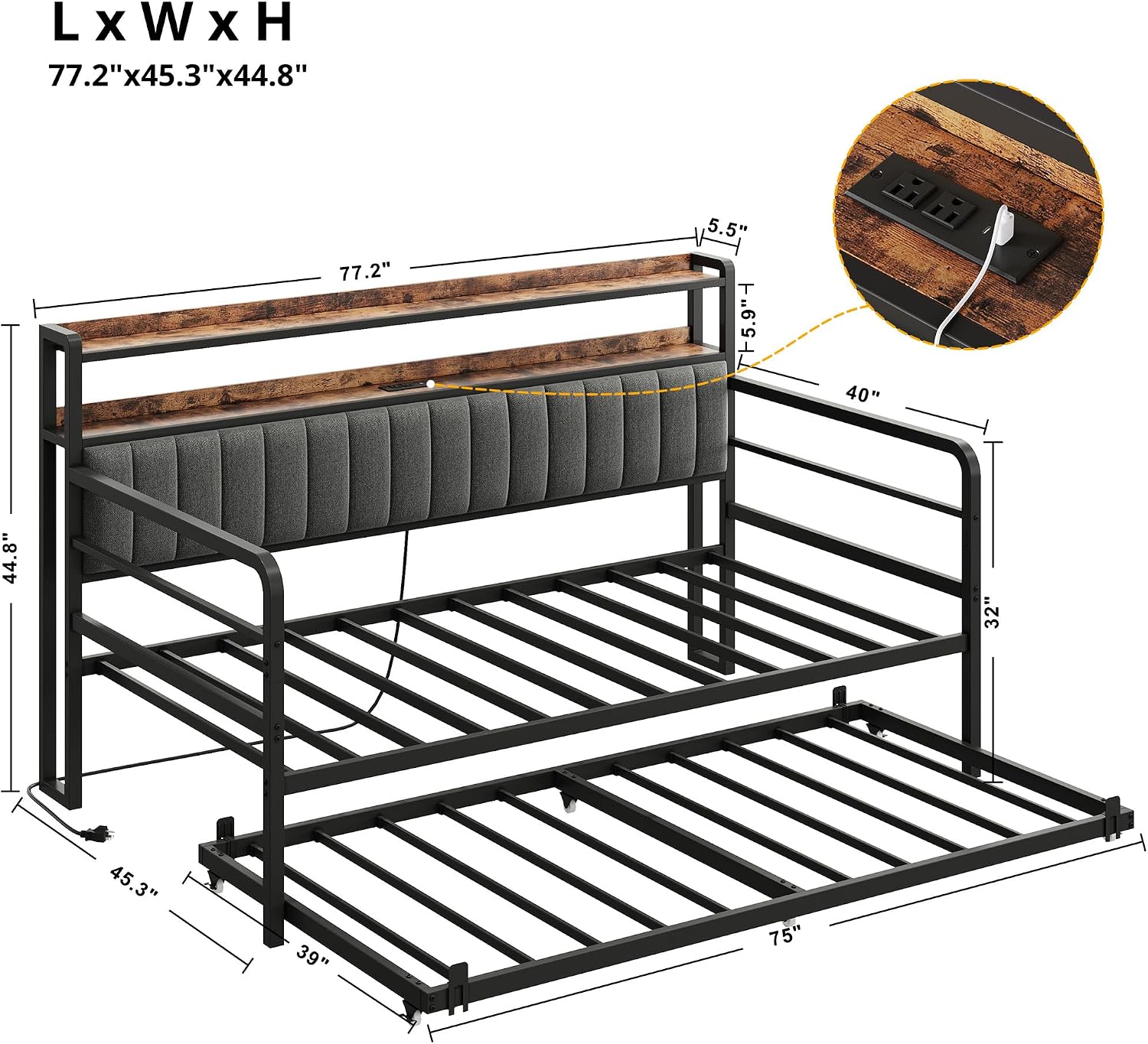ANCTOR Daybed with Trundle, LED Lights and Charging Station, Twin Size Daybed with 2-Tier Storage Shelves and Upholstered Headboard, Metal Sofa Bed Frame for Living Room, Bedroom, Black