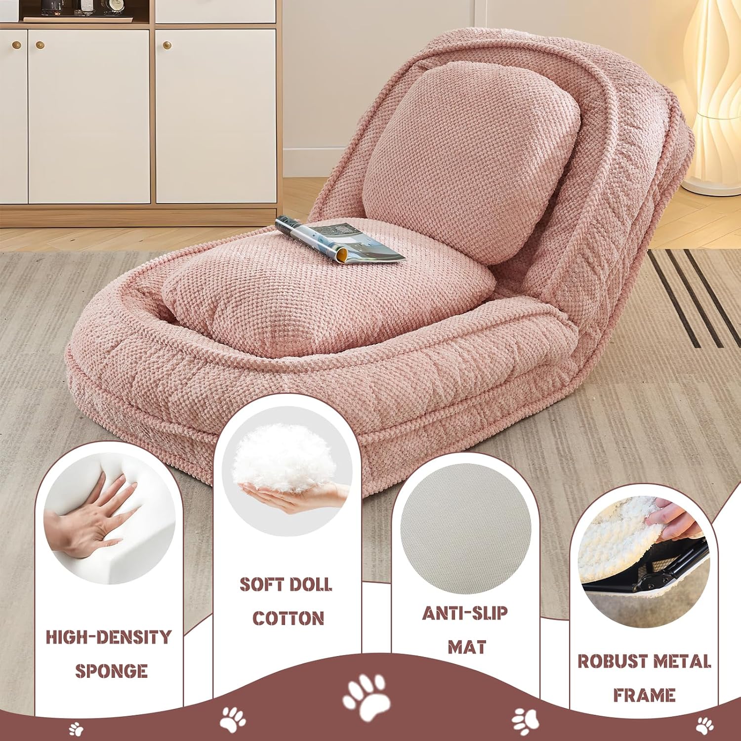 Upholstered Human Dog Bed for Adult & Pets, Convertible Lazy Sofa Bed with 5 Adjustable Position, Comfy Tatami Bean Bag Lounge Chair with 2 Soft Pillows for Bedroom Living Room Office (Pink)
