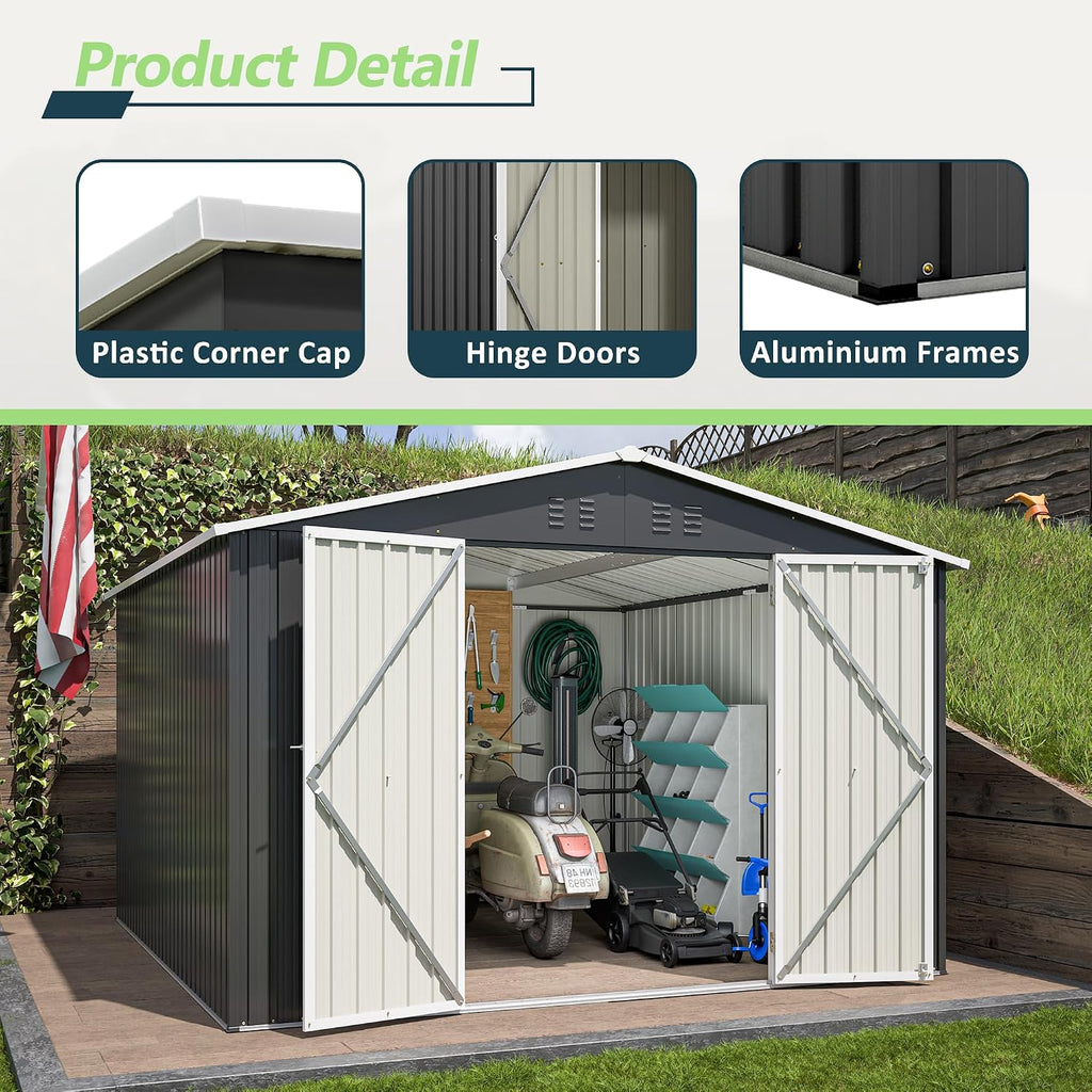 YOPTO 10 x 10 FT Outdoor Storage Shed,Heavy Duty Tool Sheds Metal Storage Garden Shed with Sloped Roof and Lockable Doors,Large Metal Storage Sheds for Backyard Patio Lawn, Black