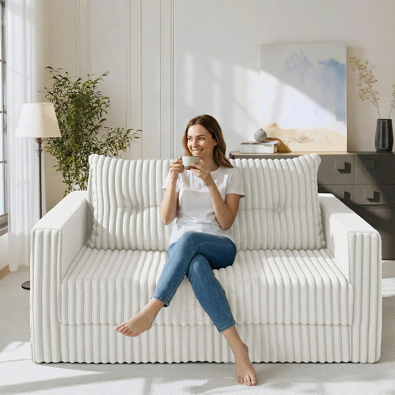 HABUTWAY Folding Sofa Bed, 2 in 1 Convertible Sleeper Chair with Pillow, Portable Fold Out Chair Bed with Armrest, Comfy Floor Couch, Lazy Sofa for Living Room Bedroom Dorm Home Office, Beige