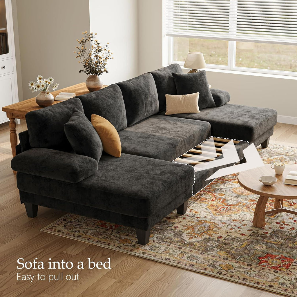 Txtin's Sleeper Sofa with Pull Out Couch Bed | 112 Inch Couches for Living Room | U-Shaped Convertible Sofa Bed | Chenille Black