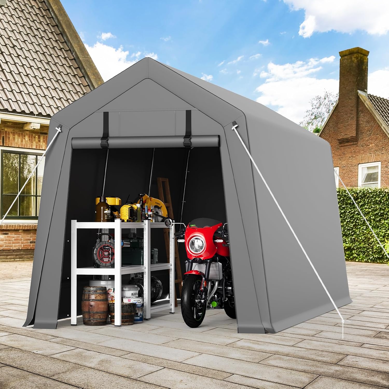 6x8FT Portable Outdoor Garage, Waterproof & UV-Resistant Portable Storage Shed with 2 Roll-Up Doors, Carport Tent for Motorcycle, Bike, and Tools
