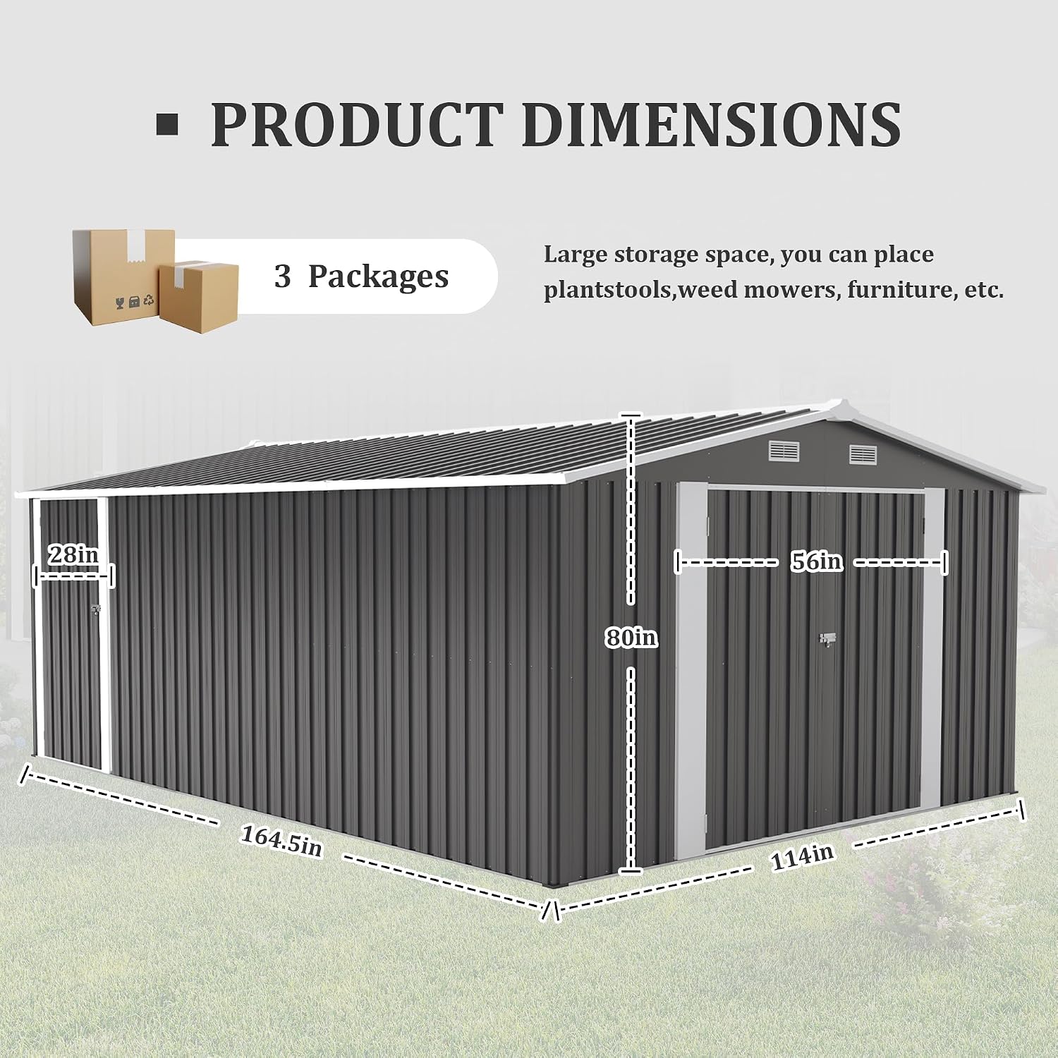 10 x14 FT Outdoor Storage Shed, Extra Large Metal Garden Shed with Waterproof Roof and 3 Lockable Doors, All-Weather Utility Tool Shed Storage House for Backyard, Patio, Lawn (Dark Gray)