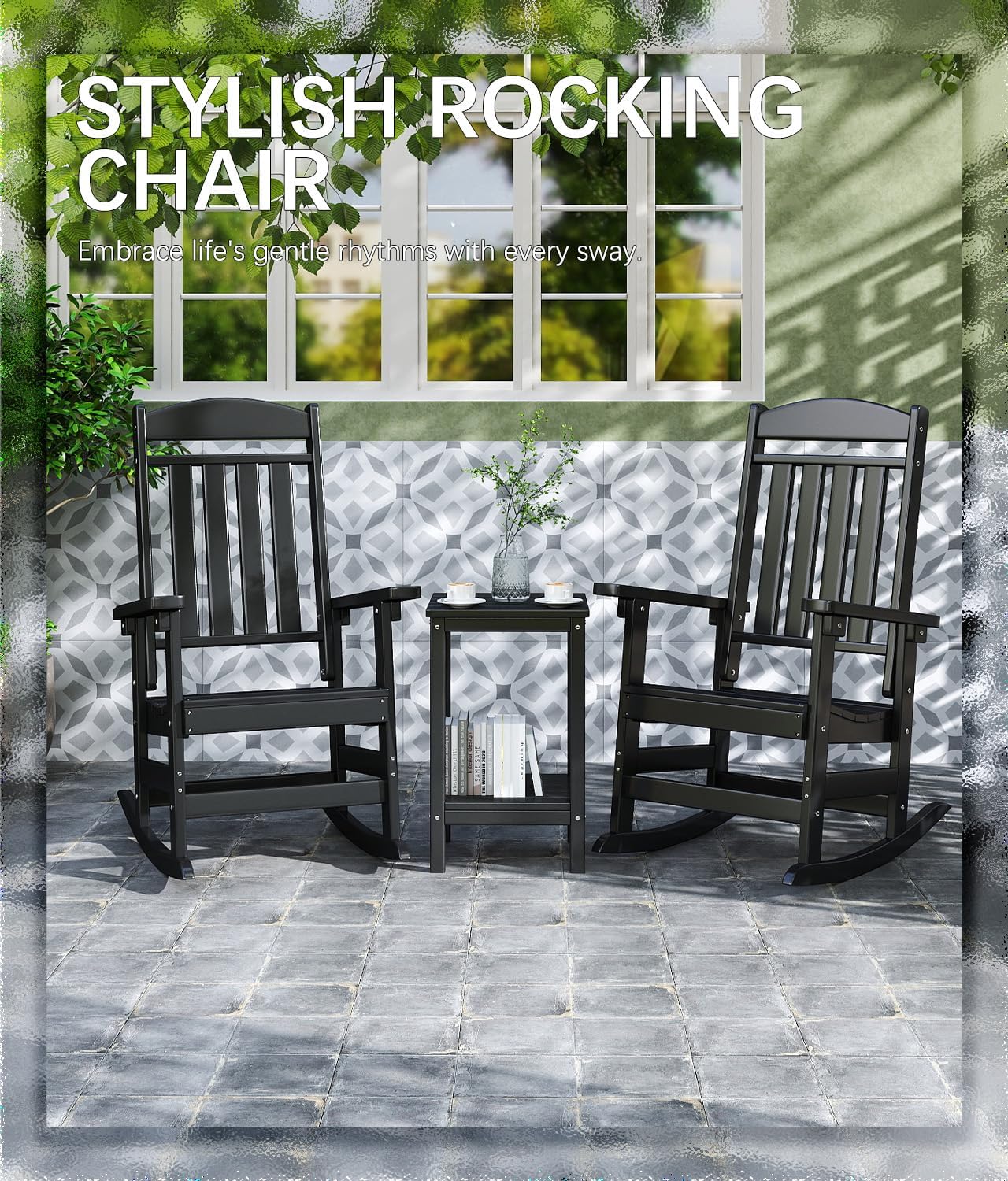 FOOWIN 3-Piece Outdoor Rocking Chairs Set, High Back Patio Rocker with Side Table, HDPE All Weather Resistant Oversized Rocking Chairs for Indoors, Porch, Patio, Backyard, Black (Black, 3-Set)