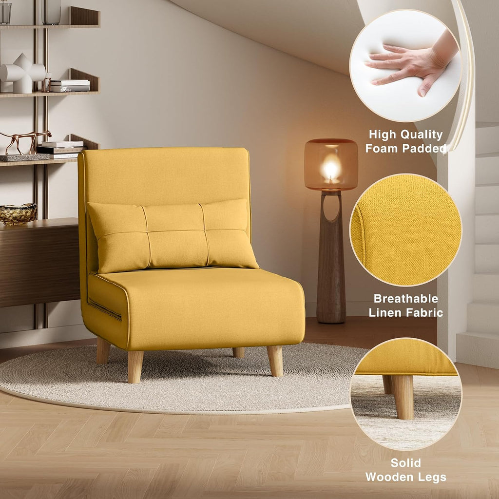 Aiho Futon Sofa Bed, 3-in-1 Convertible Sleeper Chair Bed, Futon Chair with 6-Level Adjustable Backrest and Pillow for Apartment Dorm, Office, Linen Yellow