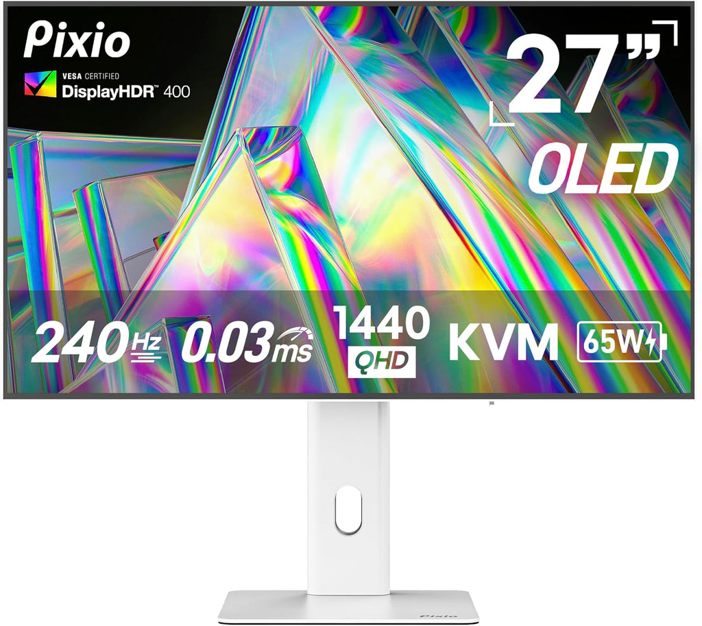 27' WOLED White Gaming Monitor, QHD 1440p, 240Hz, 0.03ms, DisplayHDR True Black 400, Adaptive Sync, KVM switch, Fully Adjustable Stand, HDMI 2.1, DisplayPort, USB-C, RGB light, PX277 OLED Max V2 White
