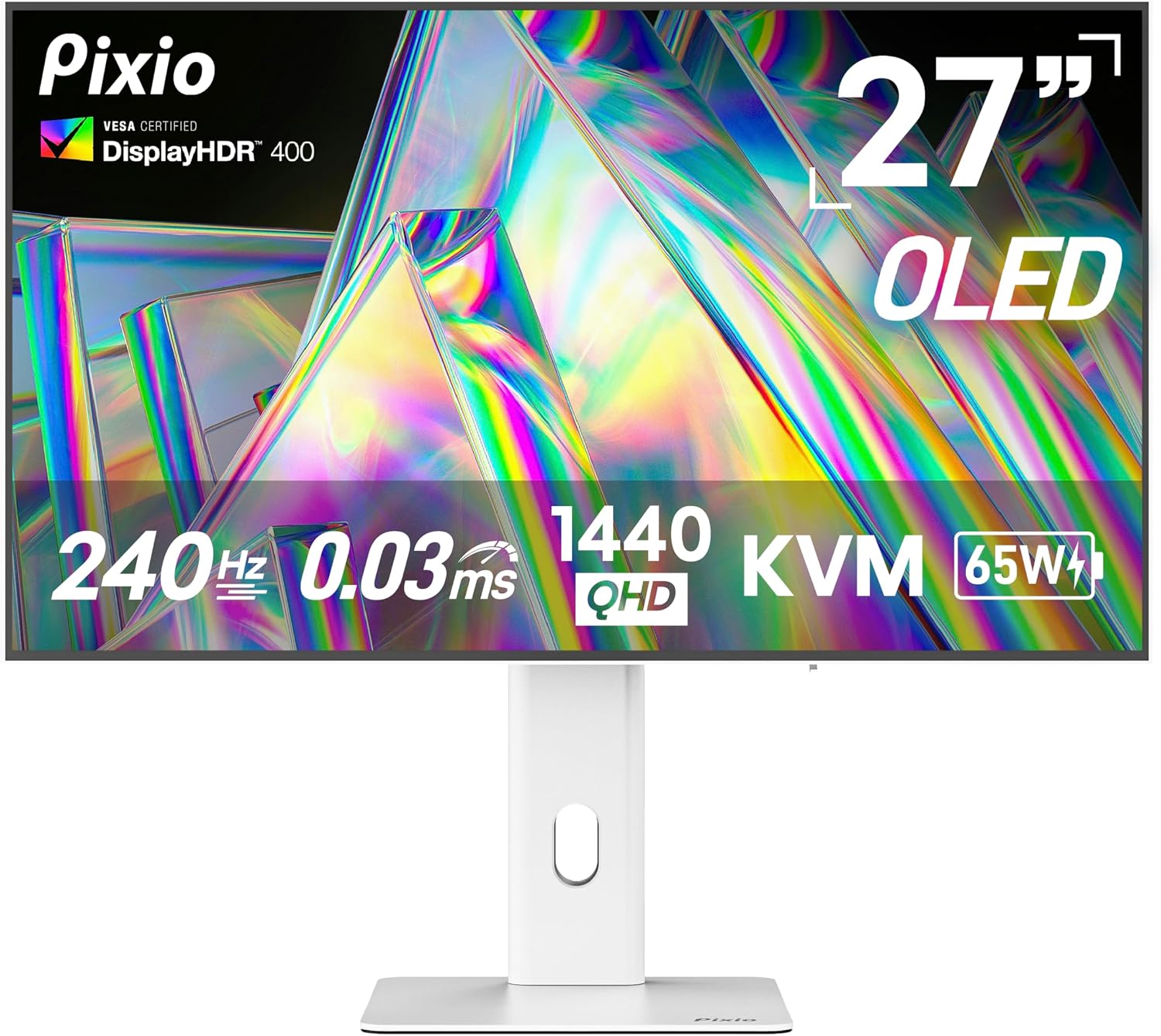 27' WOLED White Gaming Monitor, QHD 1440p, 240Hz, 0.03ms, DisplayHDR True Black 400, Adaptive Sync, KVM switch, Fully Adjustable Stand, HDMI 2.1, DisplayPort, USB-C, RGB light, PX277 OLED Max V2 White