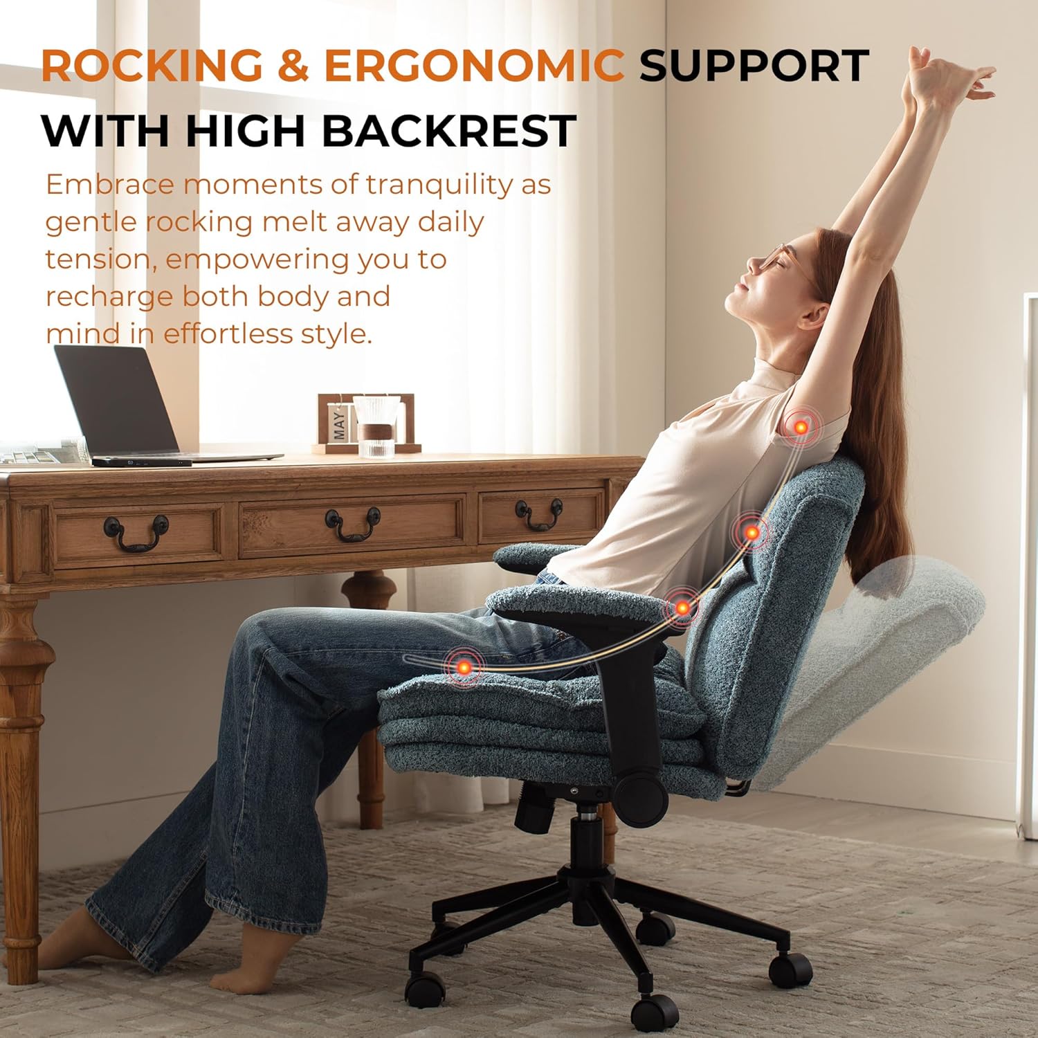 Dowinx Criss Cross Chair with Adjustable Flip-up Arms and Wheels, Comfort Ergonomic Office Desk Armchair with 3 Layer Cushions, Wide Seat Vanity Chair for Home Office, Living Room, Bedroom, Blue