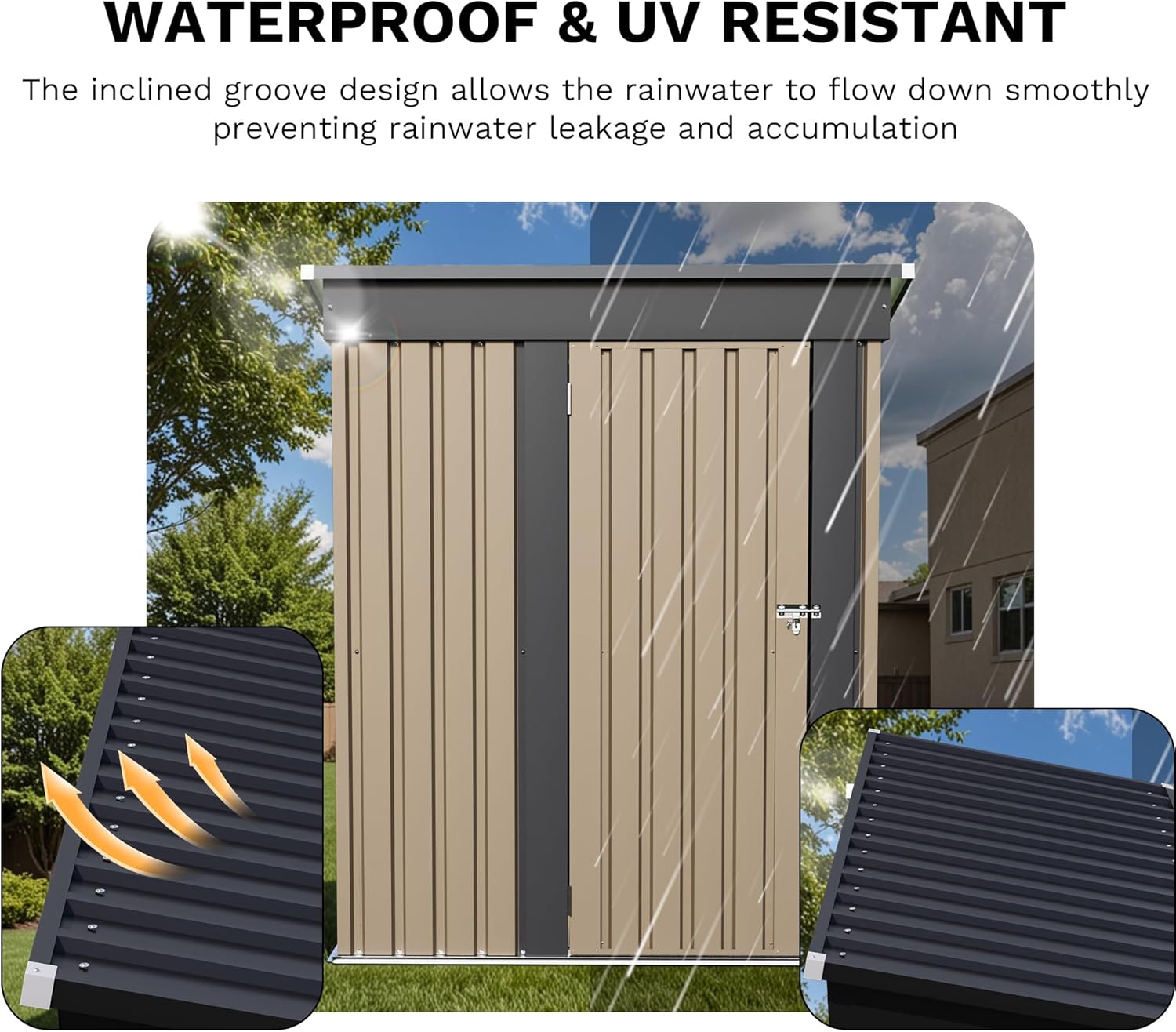 JUMMICO Metal Outdoor Storage Shed 5 x 3 FT Metal Shed with Lockable Door,Waterproof Garden Tool Shed Storage House for Backyard Patio Lawn, Brown