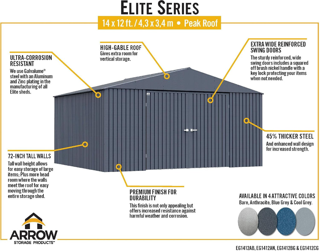 Arrow Shed Elite 14' x 12' Tall Outdoor Steel Storage Shed with High Gable and Lockable Doors Storage Building, Blue Grey
