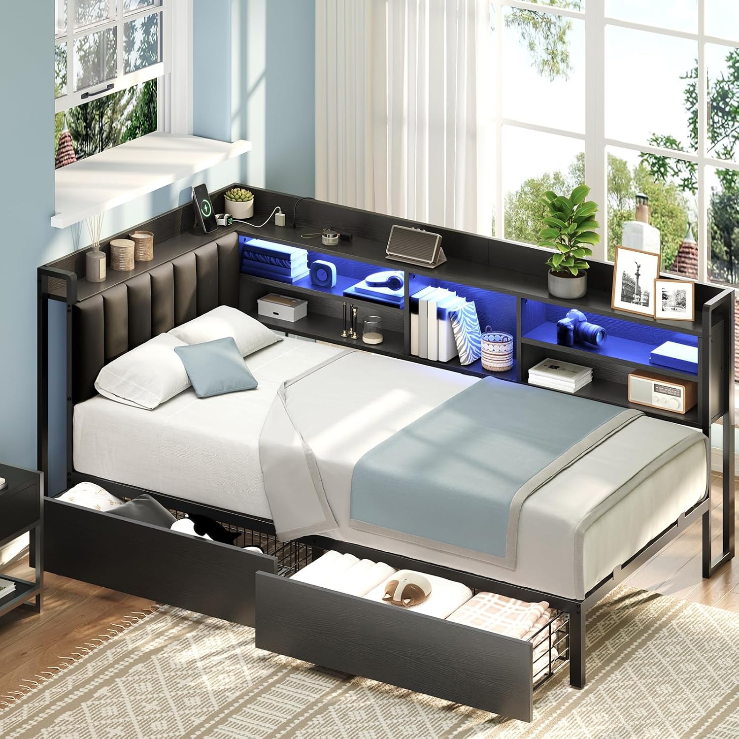 RALGEND Corner Bed Frame with Bookcase Storage and PU Upholstered, Twin Daybed with 2 Drawers and Charging Station, Metal Platform Bed Fram for Living Room, Bedroom, Guest Room, Black