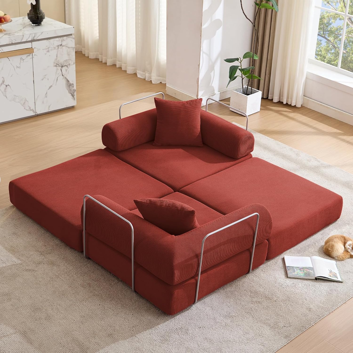 73' Convertible Modular Folding Sofa Bed, 5-in-1 DIY Combination Fold Out Sleeper Sofa Bed, Loveseat sleeper Couch with Removable Armrests, Corduroy Floor Couch, Small couches for small spaces, Red