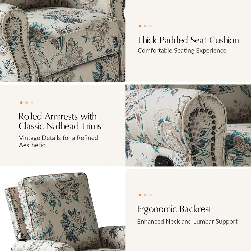 HULALA Home Modern Rocker Recliner, Printed Fabric Swivel Glider with Adjustable Backrest & Footrest, Teal