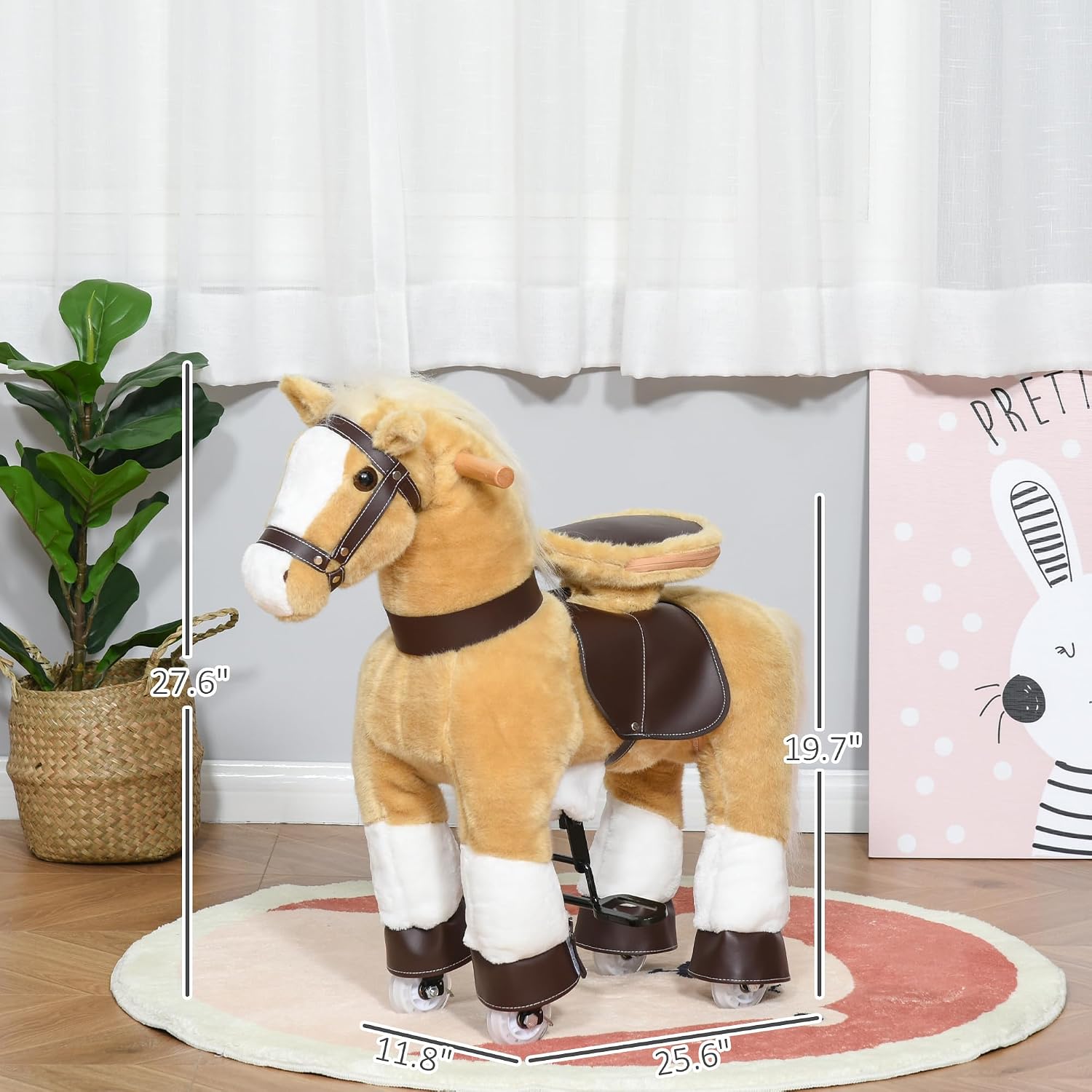 Qaba Ride on Horse, Plush Walking Horse Toy, Kids Riding Chair with Wheels for Kids 3-8 Years, Light Brown