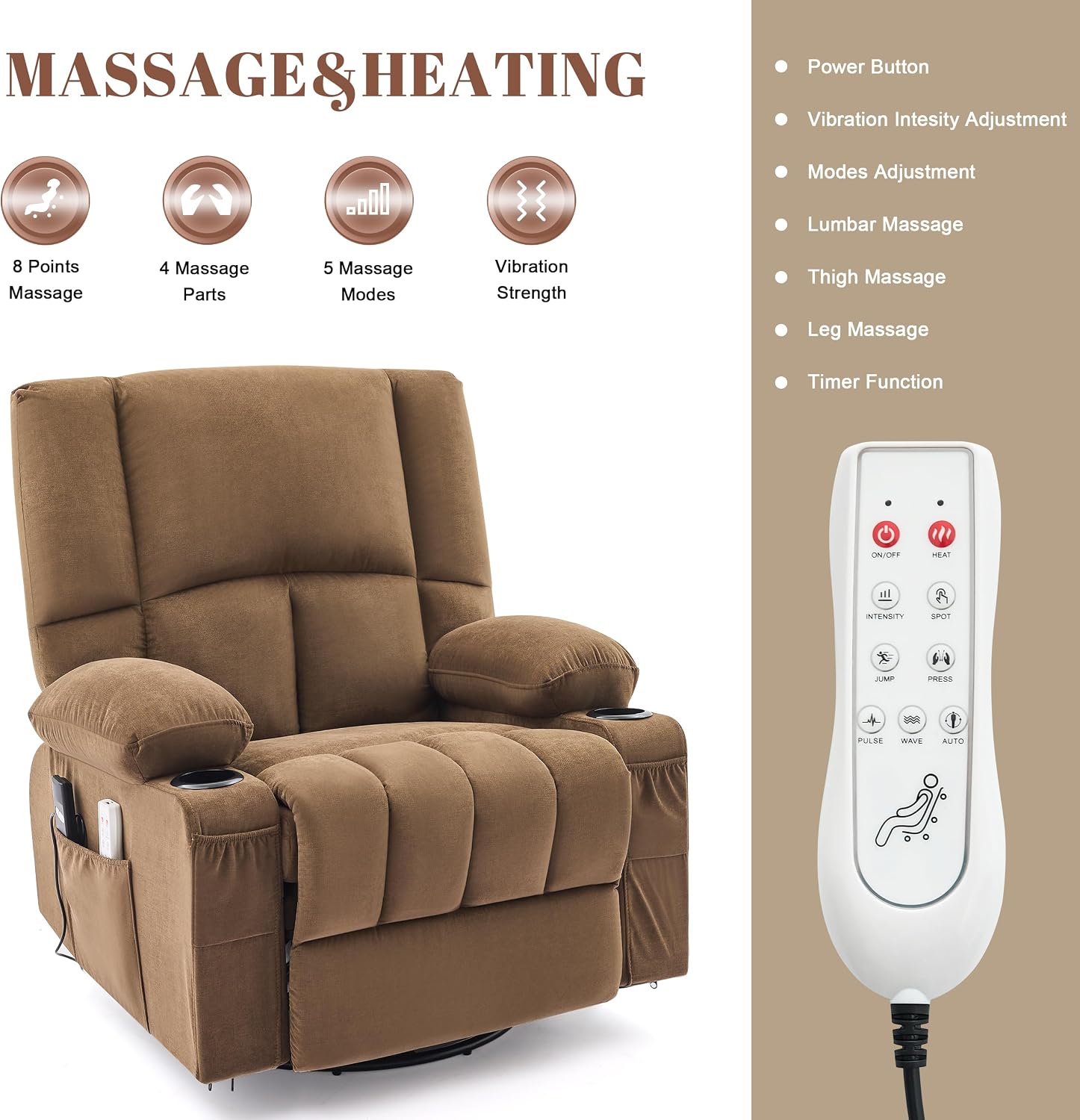 Rocker Recliner Chair with Heat and Massage, 360° Swivel Recliner Chairs for Adults, Oversized Recliner Single Sofa Seat with Cup Holders, Lazy Boy Recliner Single Sofa (Electric, Brown)