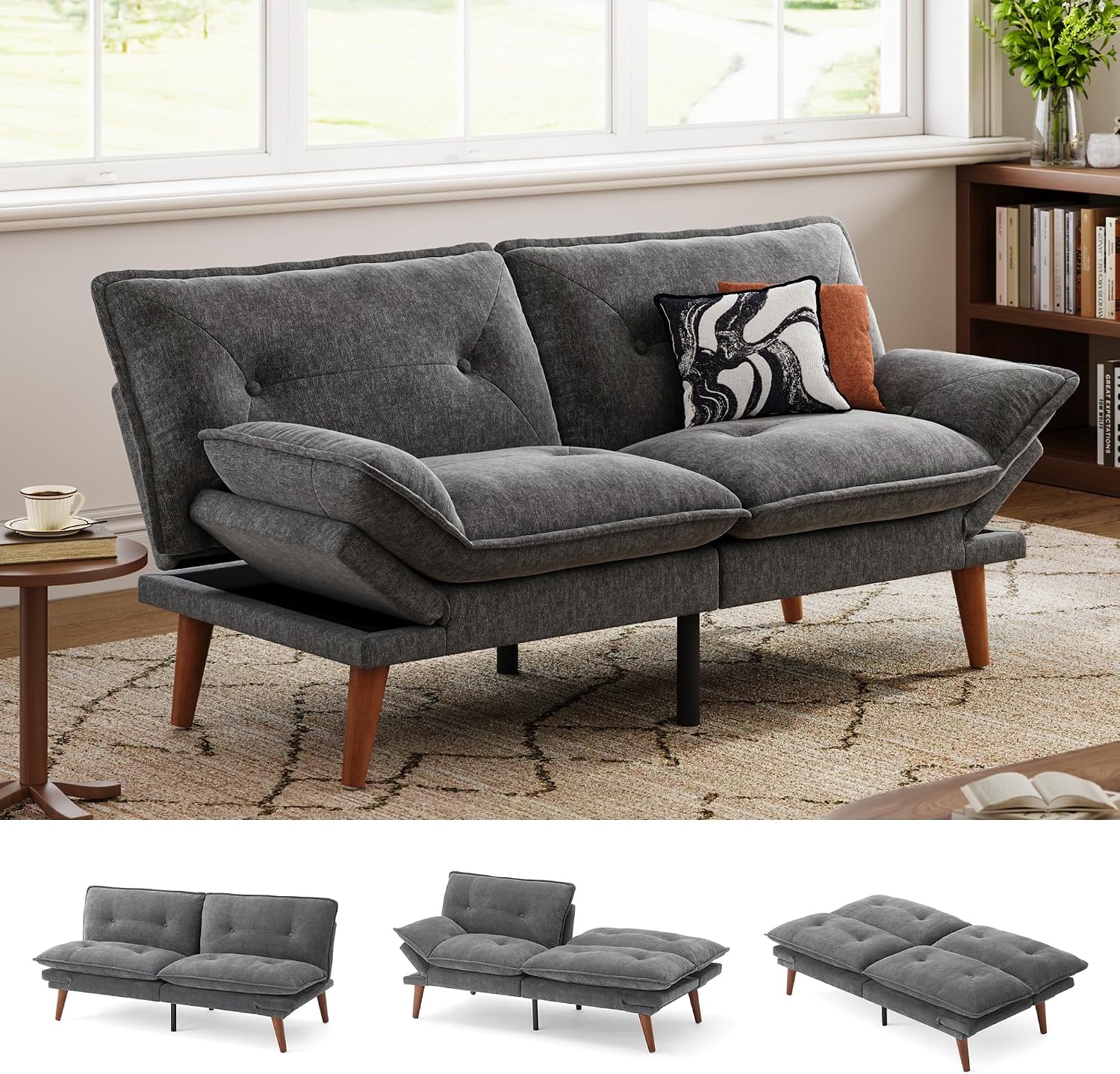 LINSY HOME Futon Sofa Bed, 70' Chenille Futon Couch with Adjustable Backrest Armrest, 3 in 1 Convertible Comfy Loveseat Sleeper Sofa Bed for Small Spaces Dorm Room Apartment Home Office(Dark Grey)