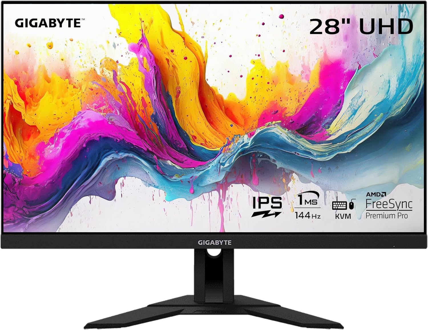 GIGABYTE M28U 28' 144Hz Gaming Monitor, 3840 x 2160 SS IPS Display, 1ms (GTG) Response Time, 9‎4% DCI-P3, VESA Display HDR400, FreeSync Premium Pro, 1x Display Port 1.4, 2X HDMI 2.1 (M28U-SA)