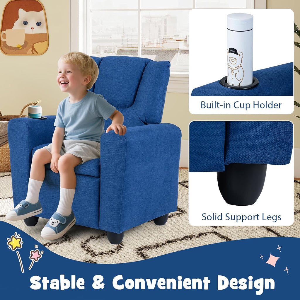 GLACER Kids Recliner with Cup Holder, Fabric Toddler Lounge Chair w/Adjustable Backrest & Footrest, Spring-Loaded Seat Cushion, Push Back Toddler Sofa for Boys & Girls Ages 3+ Years Old (Blue)