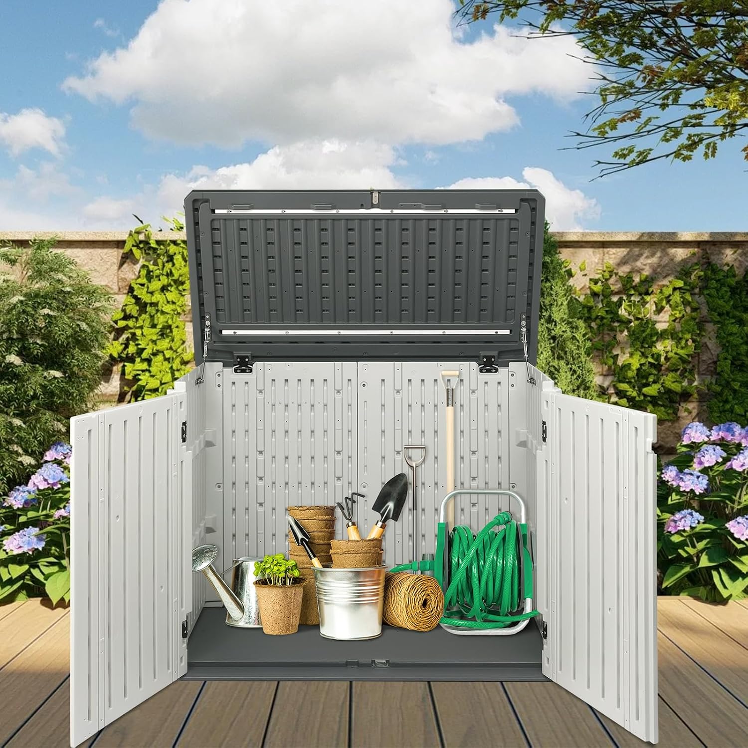 Outvita Outdoor Horizontal Storage Sheds, 34 Cu Ft Weather Resistant HDPE Tool Shed, Multi-Opening Door Waterproof & Lockable for Storage of Bike, Trash Cans, Garden Tools, Lawn Mowers