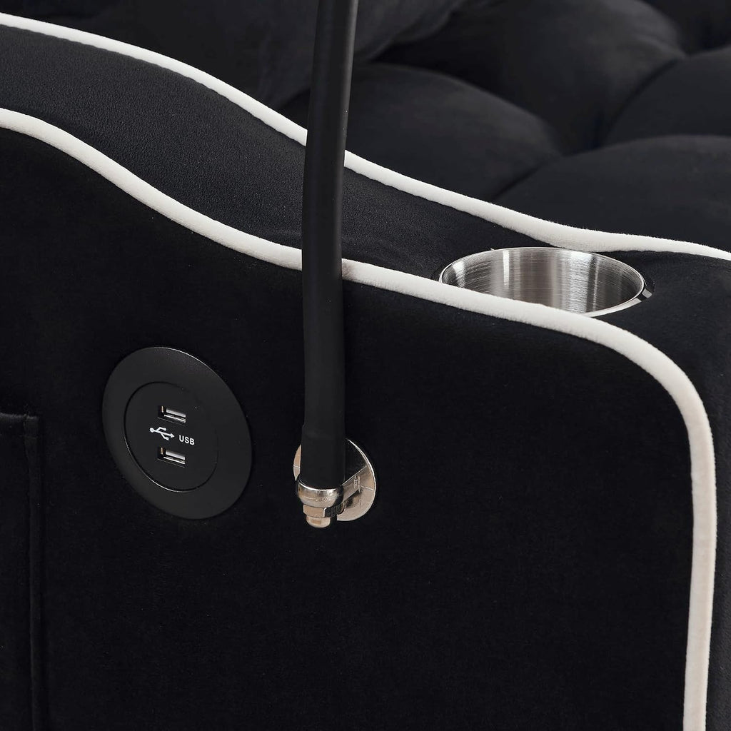 Merax Black Foldable Sofa Bed with 2 USB Charging Ports, Pull Out Velvet Loveseat Sleeper with Phone Holder, Modern Futon Couch with Cup Holders & Adjustable Backrest for Living Room