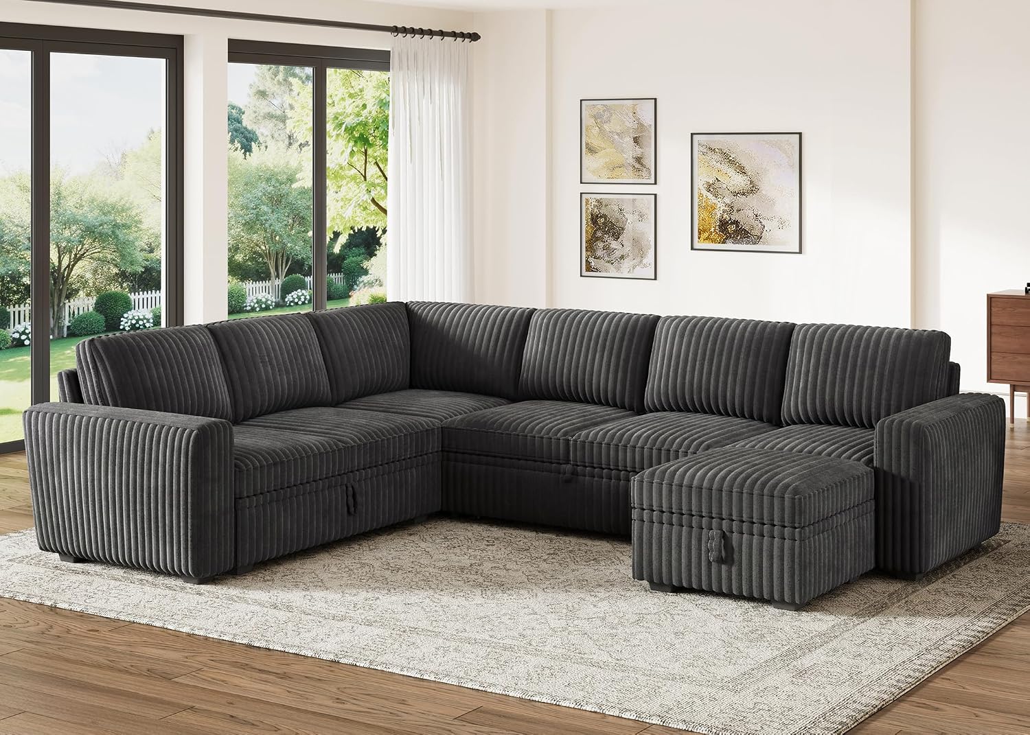 HONBAY Modular Sectional Sleeper Sofa with Pull Out Bed,Corduroy U Shaped Couch with Storage, Sectional Couches for Living Room,Dark Grey