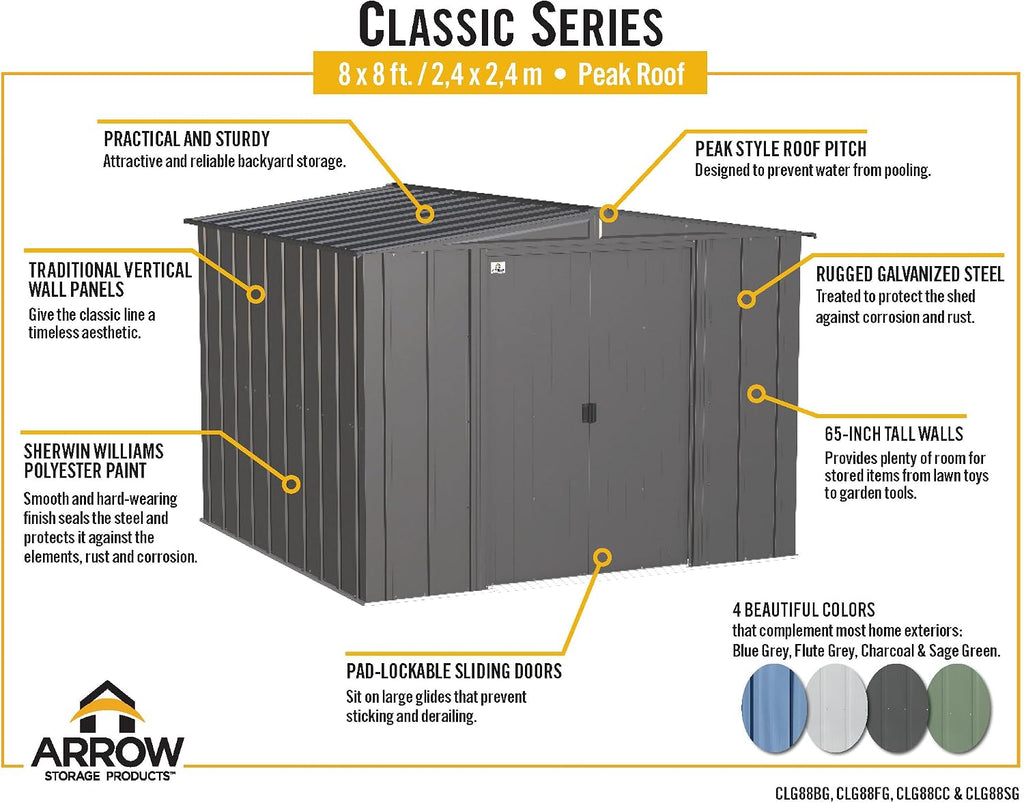 Arrow Classic Steel Storage Shed, 8x8, Charcoal