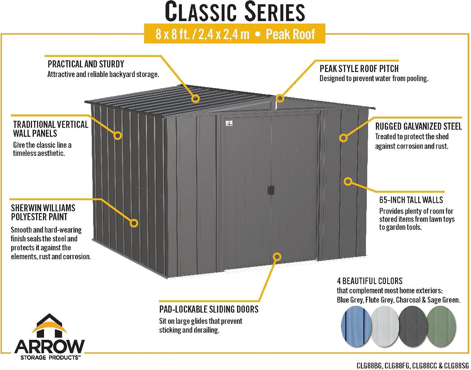 Arrow Classic Steel Storage Shed, 8x8, Charcoal