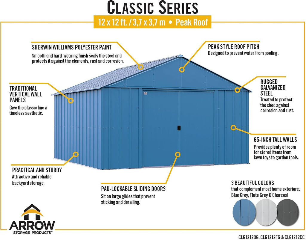 Arrow Classic Metal Shed, 12 x 12, Flute Grey