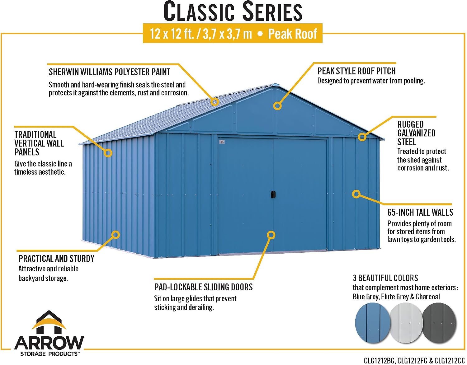 Arrow Classic Metal Shed, 12 x 12, Flute Grey