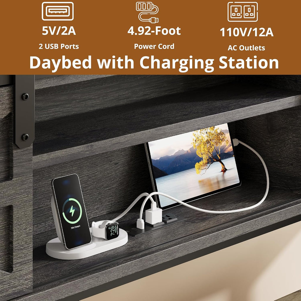 LIKIMIO Daybed with Trundle Bed, Sofa Bed Twin with Charging Station, with Storage Headboard & Strong Support, for Living Room, Bedroom and Guest Room, Charcoal Grey
