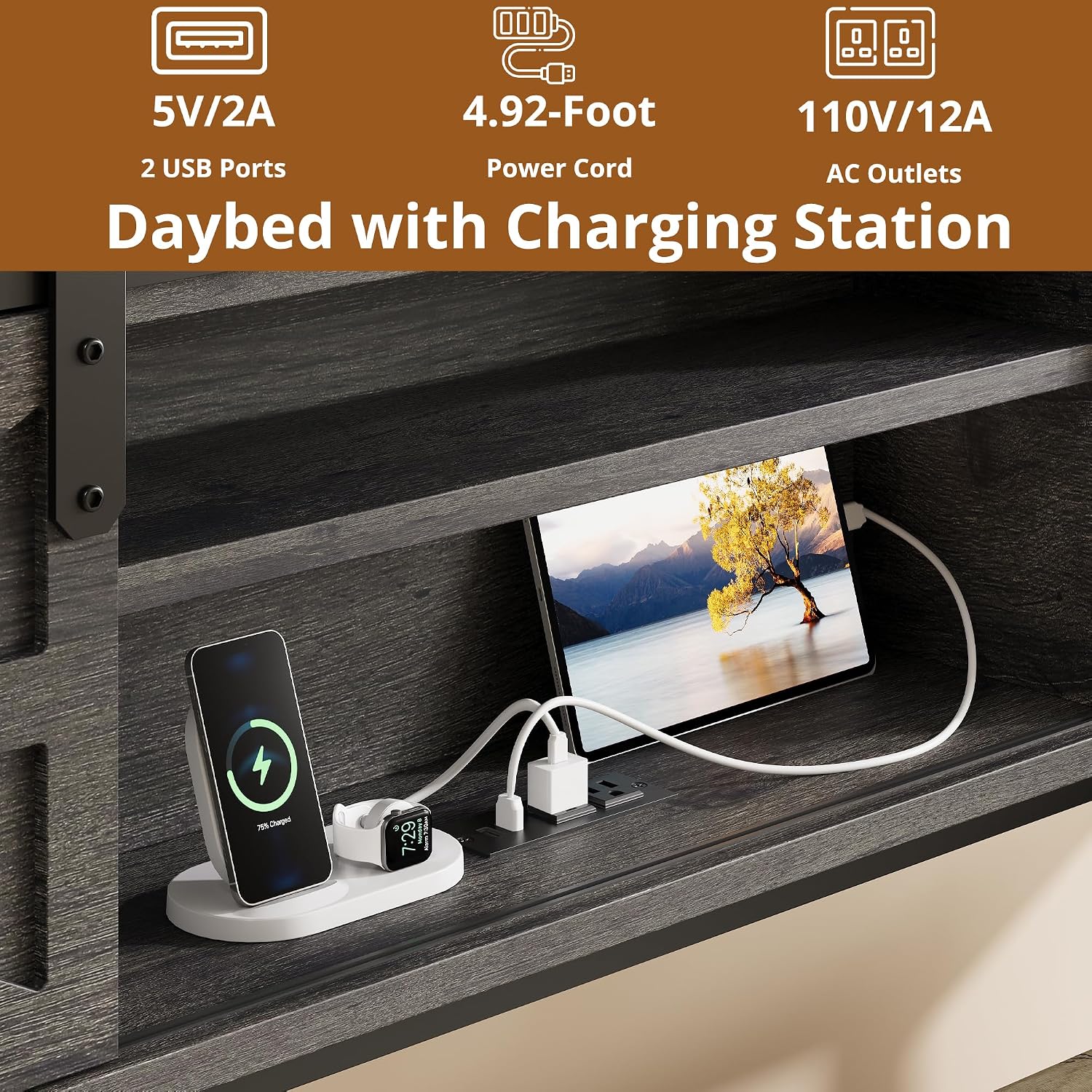 LIKIMIO Daybed with Trundle Bed, Sofa Bed Twin with Charging Station, with Storage Headboard & Strong Support, for Living Room, Bedroom and Guest Room, Charcoal Grey