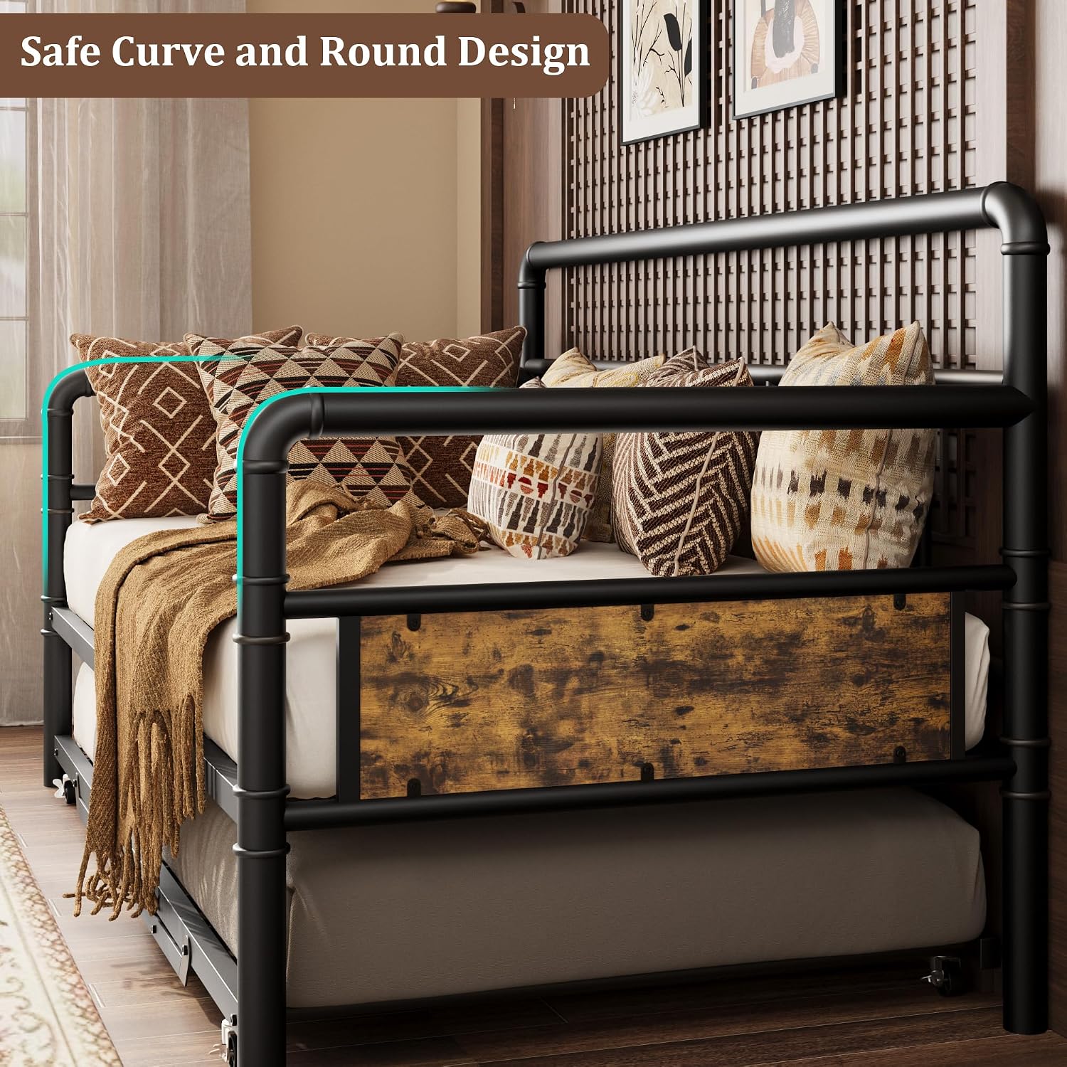 IDEALHOUSE Twin Daybed with Classic Headboard,Metal Twin Bed Frame Heavy Duty Steel Slats Support,Sofa BedFrame for Living Room, Guest RoomNoise Free, No Box Spring Needed, Black