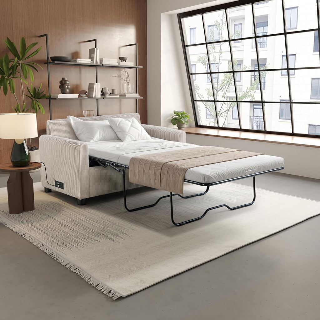 Serta® Darnold 53.5' Pull-Out Sleeper Loveseat, Twin Size, Dreamcoil® Comfort, Memory Foam Pull-Out Mattress, USB-C and USB-A Power Ports, Soft Corduroy Fabric, Beige