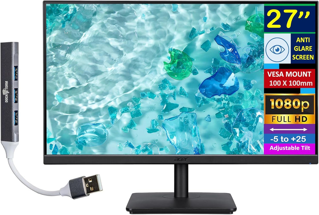 acer Vero V7 V277 Gbmipx 27' FHD IPS Monitor with 4ms Response Time, Anti Glare, VESA Mount (100mm), VGA, HDMI, & Dockztorm Hub, Black Color (UM.HV7AA.G07)