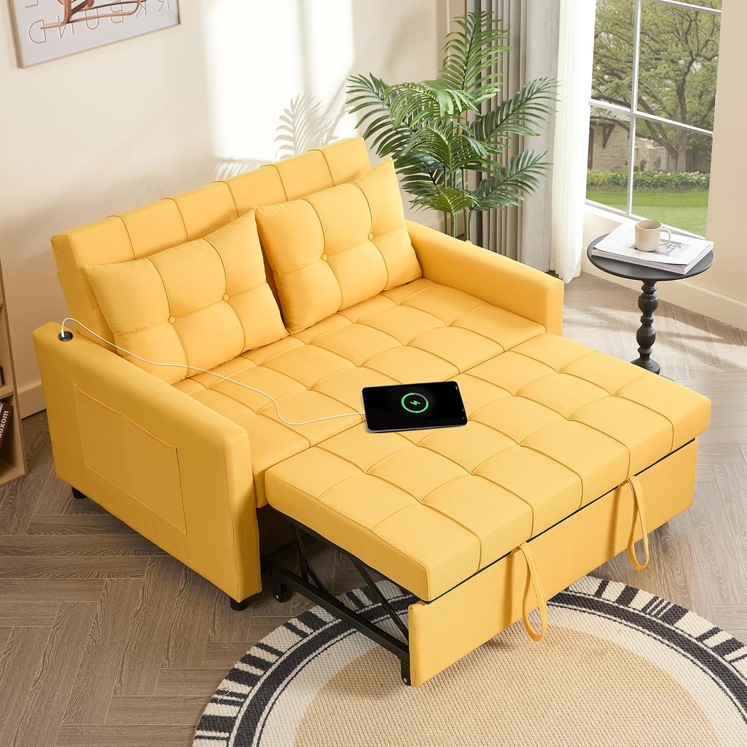 GOSUHI 52' Sleeper Sofa with Pull-Out Bed, 3-in-1 Convertible Sofa Bed, Set of Loveseat with Stepless Adjustable Backrest and Side Pocket, for Living Room Dorm Apartment, Linen, Yellow