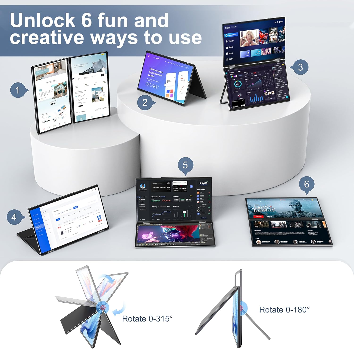 InnoView Dual Portable Monitor 15.6' 1920x1080 Dual Stacked Foldable Monitor | 315° Screen Adjustment | USB-C/HDMI Dual Screen Monitor for Laptop, Mac, Windows