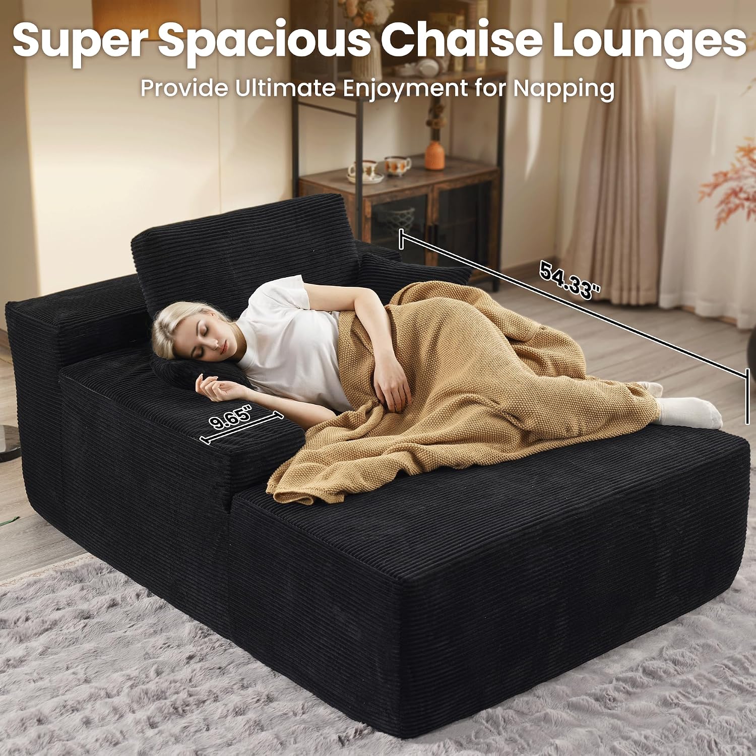 ovios 67'' Chaise Lounge Chair Indoor, Oversized Upholstered Boneless Sofa Bed, Deep Seat Sleeper Couch, Plush Cloud Sofas Couches for Living Room, No Assembly Required (Corduroy, Black)