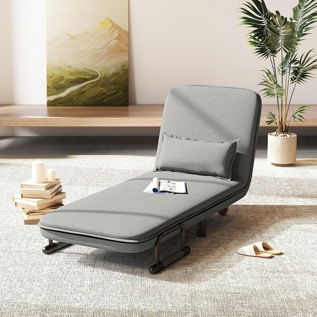 Giantex Convertible Sofa Bed, 3-in-1 Folding Sleeper Chair with 5-Position Adjustable Backrest, Wheels, 2 Legs, Recliner Chaise Lounge with Pillow, Armchairs for Nursery Living Room (Light Gray)