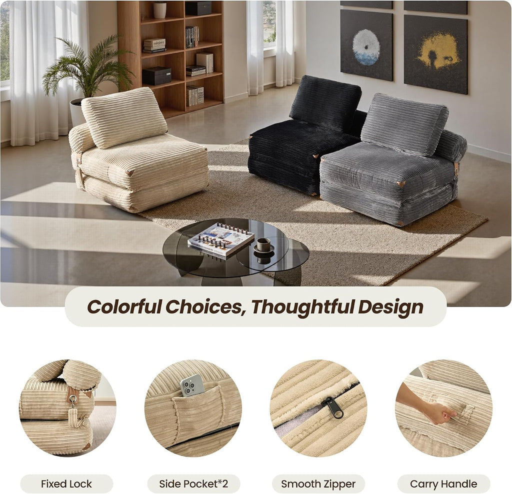 ovios Folding Sofa Bed, Foldable Sleeper Chair Floor Futon, Comfy Portable Convertible Fold Out Lounge Chairs for Living Room Bedroom, Beige
